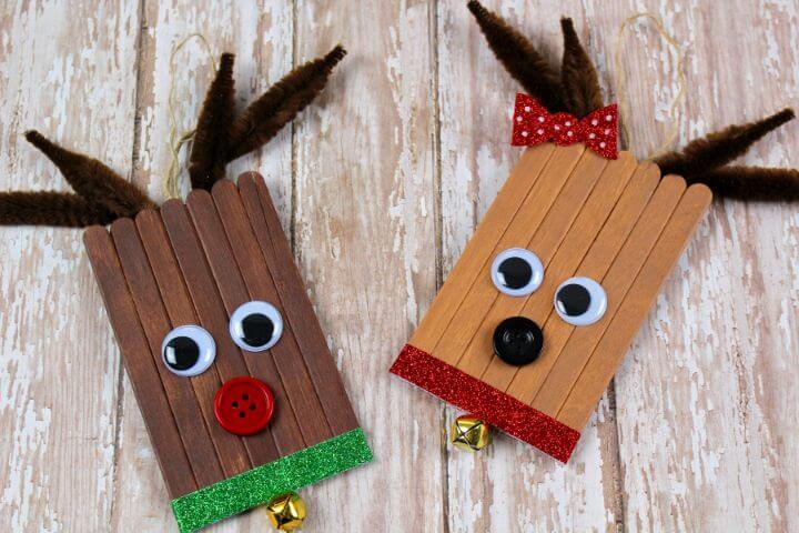 Reindeer Popsicle Ornament Craft Using Googly Eyes, Button & Pipe Cleaner