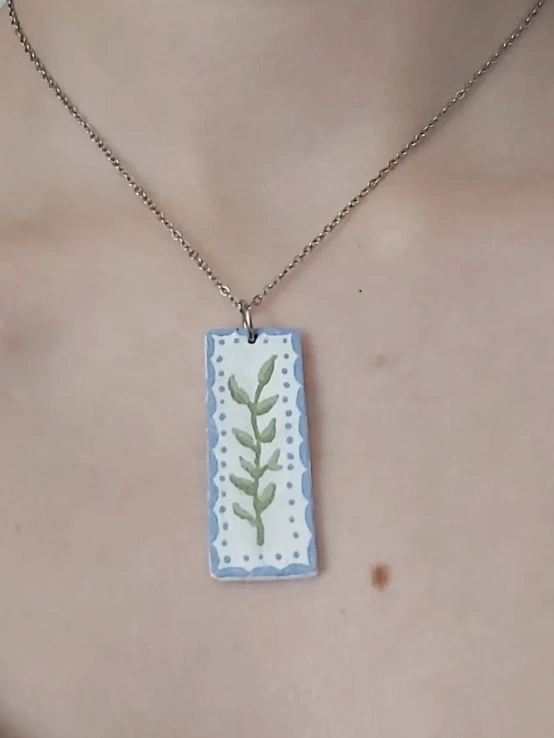 Rectangular Clay Pendant with Botanical Design