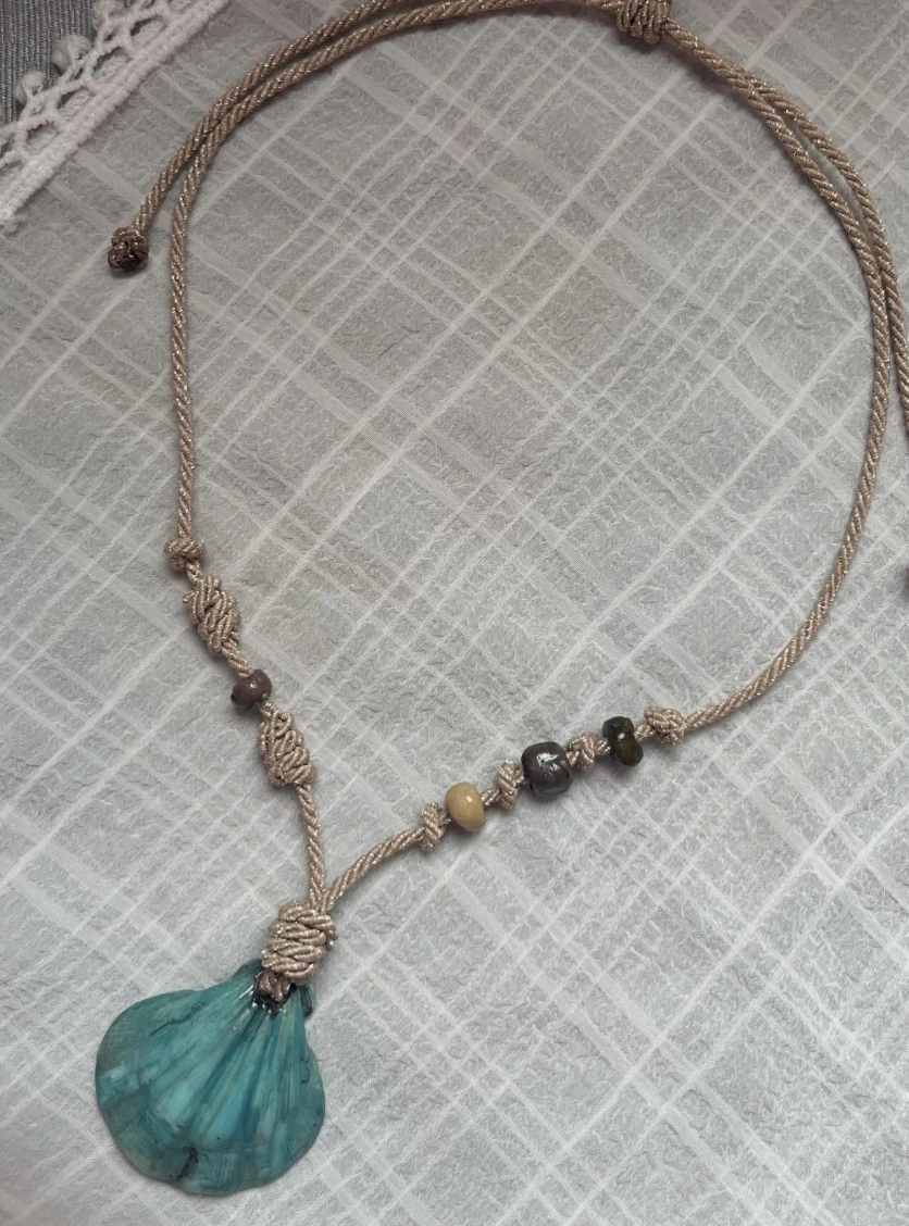 Turquoise Shell Ceramic Necklace with Knotted Cord