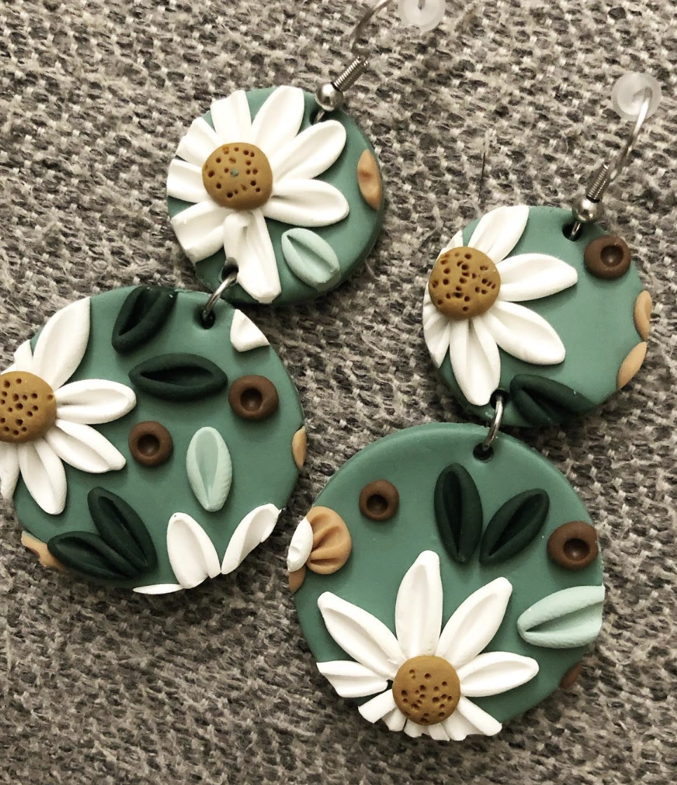 Sage Green Polymer Clay Daisy Drop Earrings