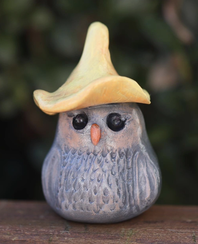 Adorable Miniature Owl Figurine with Yellow Pointed Hat Made from Air Dry Clay