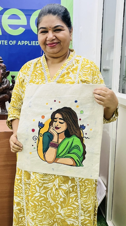 Hand-Painted Woman with Green Saree and Colorful Accents Tote Bag