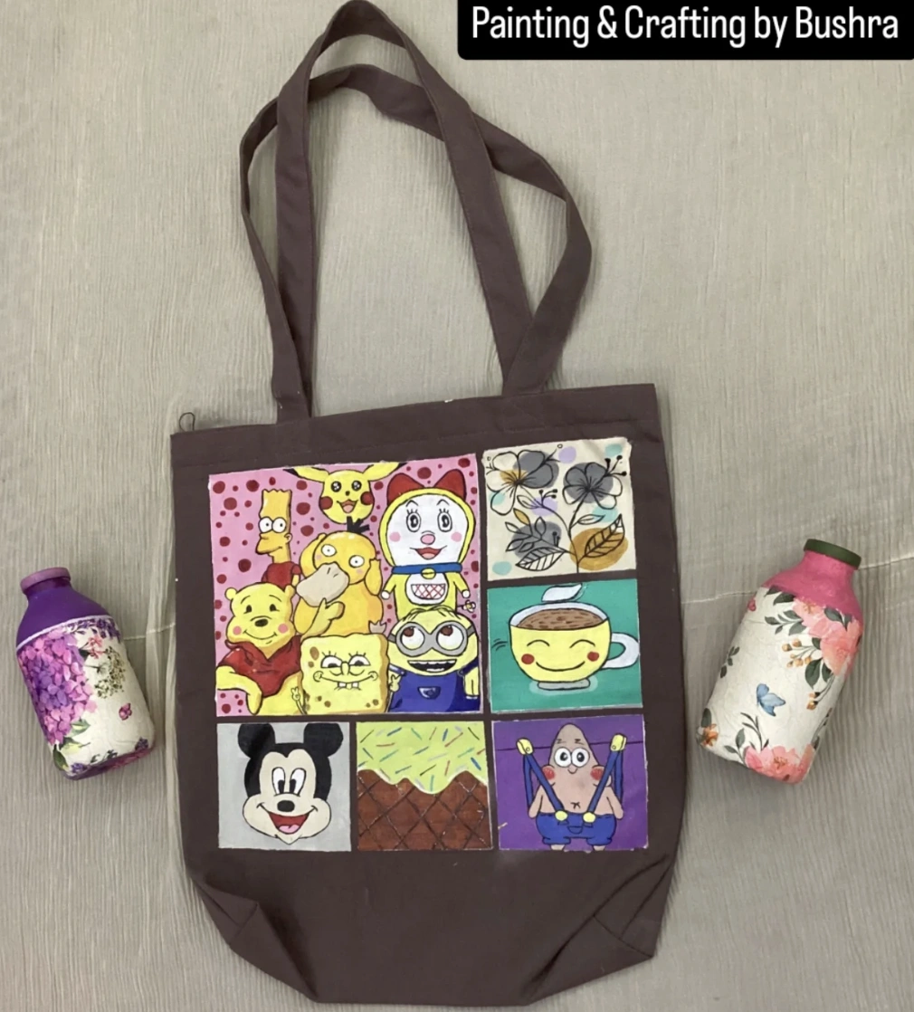 Hand-Painted Cartoon Character Collage Tote Bag