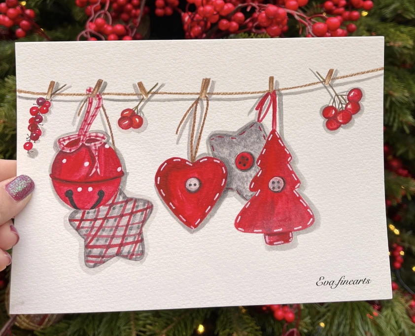 Watercolor Christmas Card with Festive Hanging Ornaments