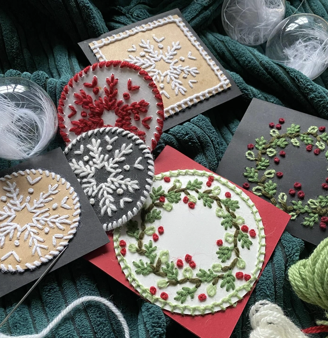Embroidered Snowflake & Wreath Christmas Card Design Set