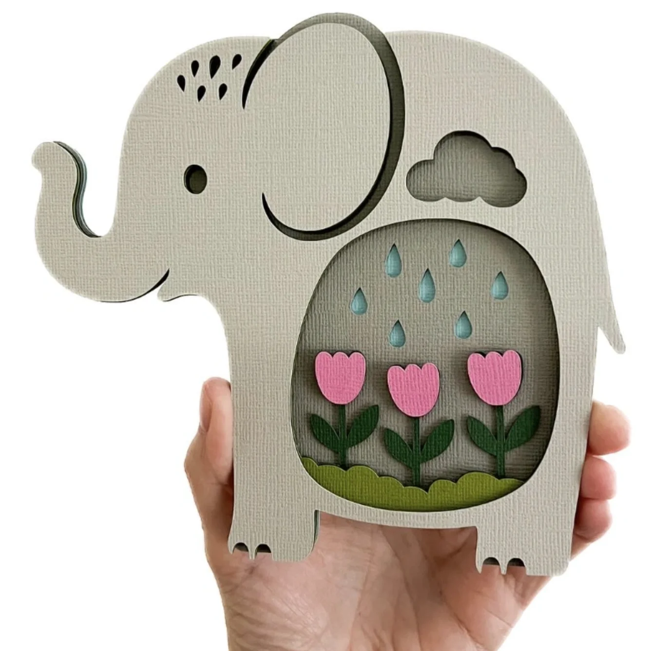 Paper-Cut Elephant with Tulips and Raindrops Shadowbox