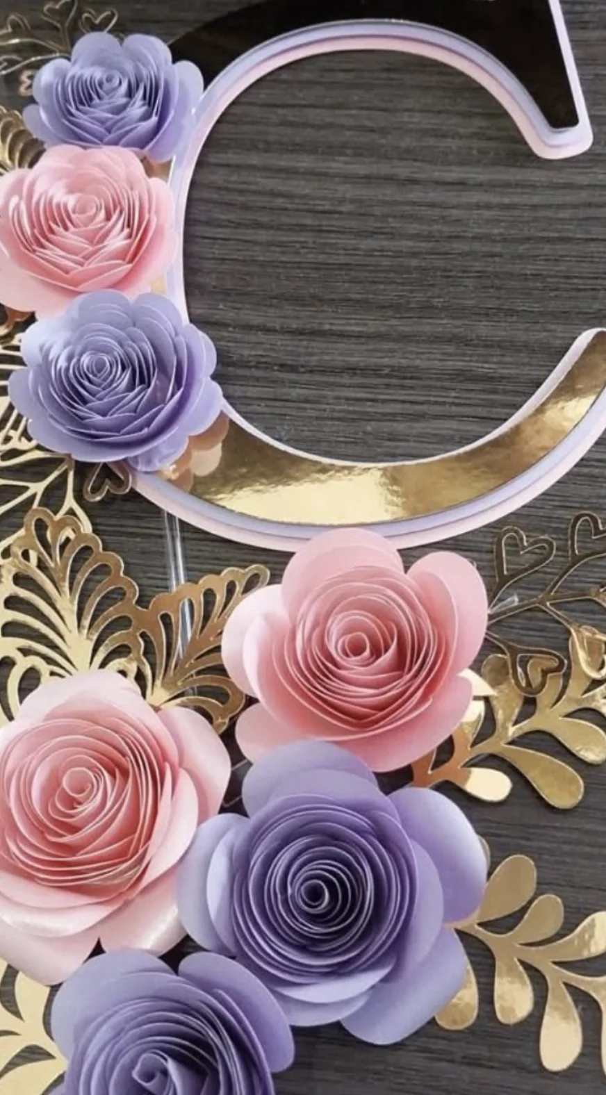 Letter -C- Embellished with Pastel Paper Roses and Golden Accents