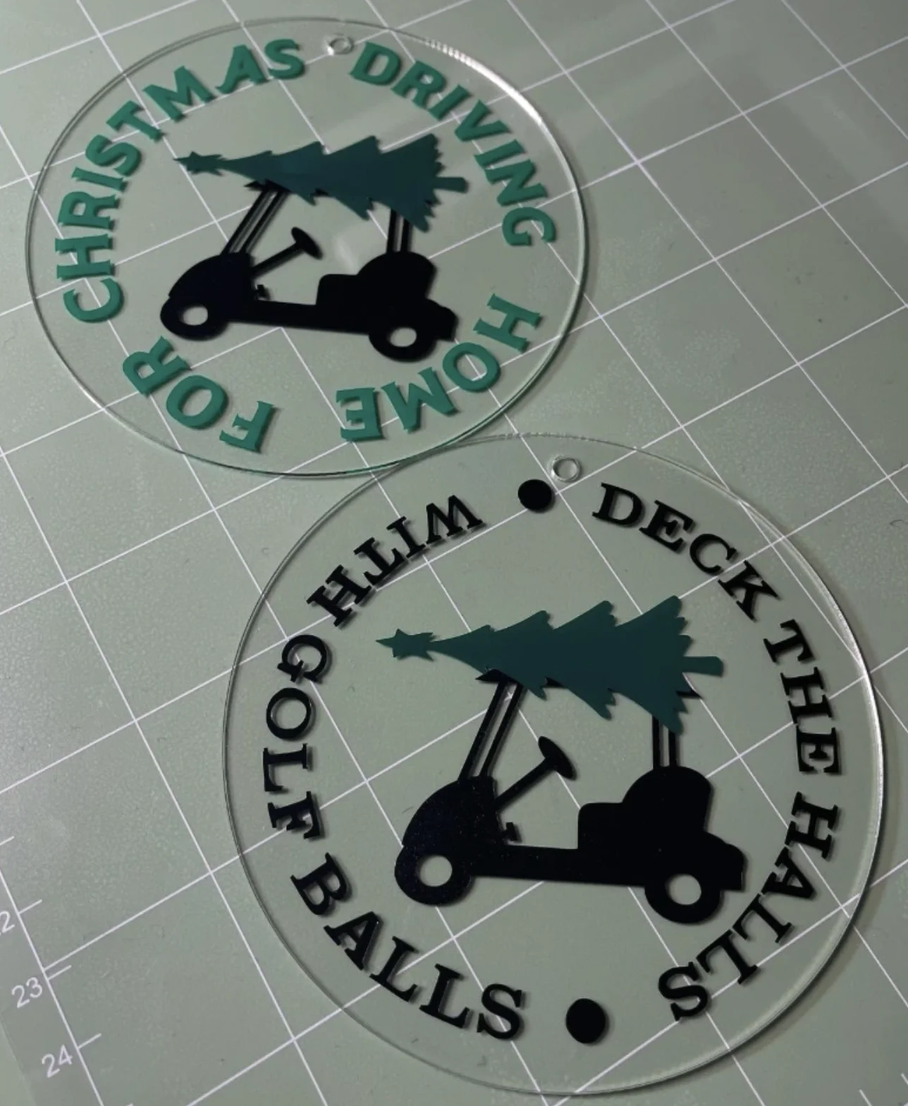 Clear Acrylic Christmas Ornaments: Golf Cart & Tree Vinyl Decals
