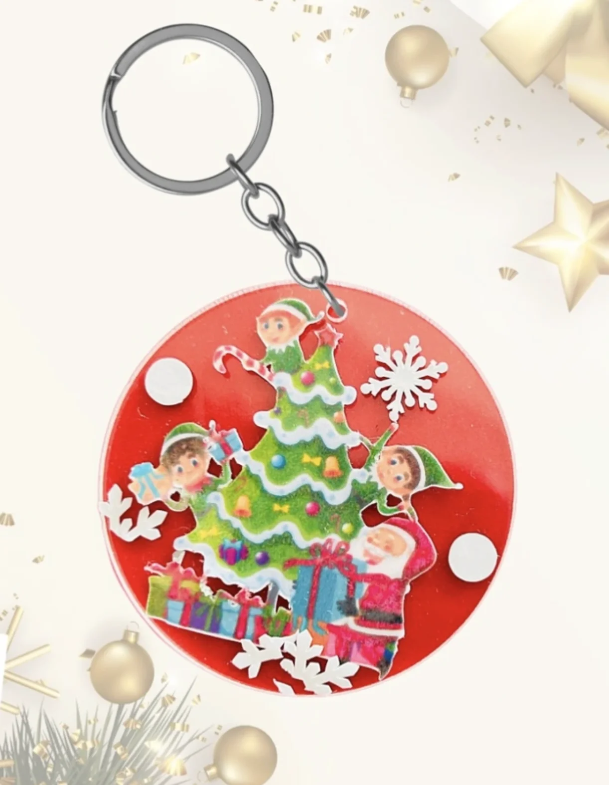 Red Acrylic Christmas Scene Keychain with Elves and Santa