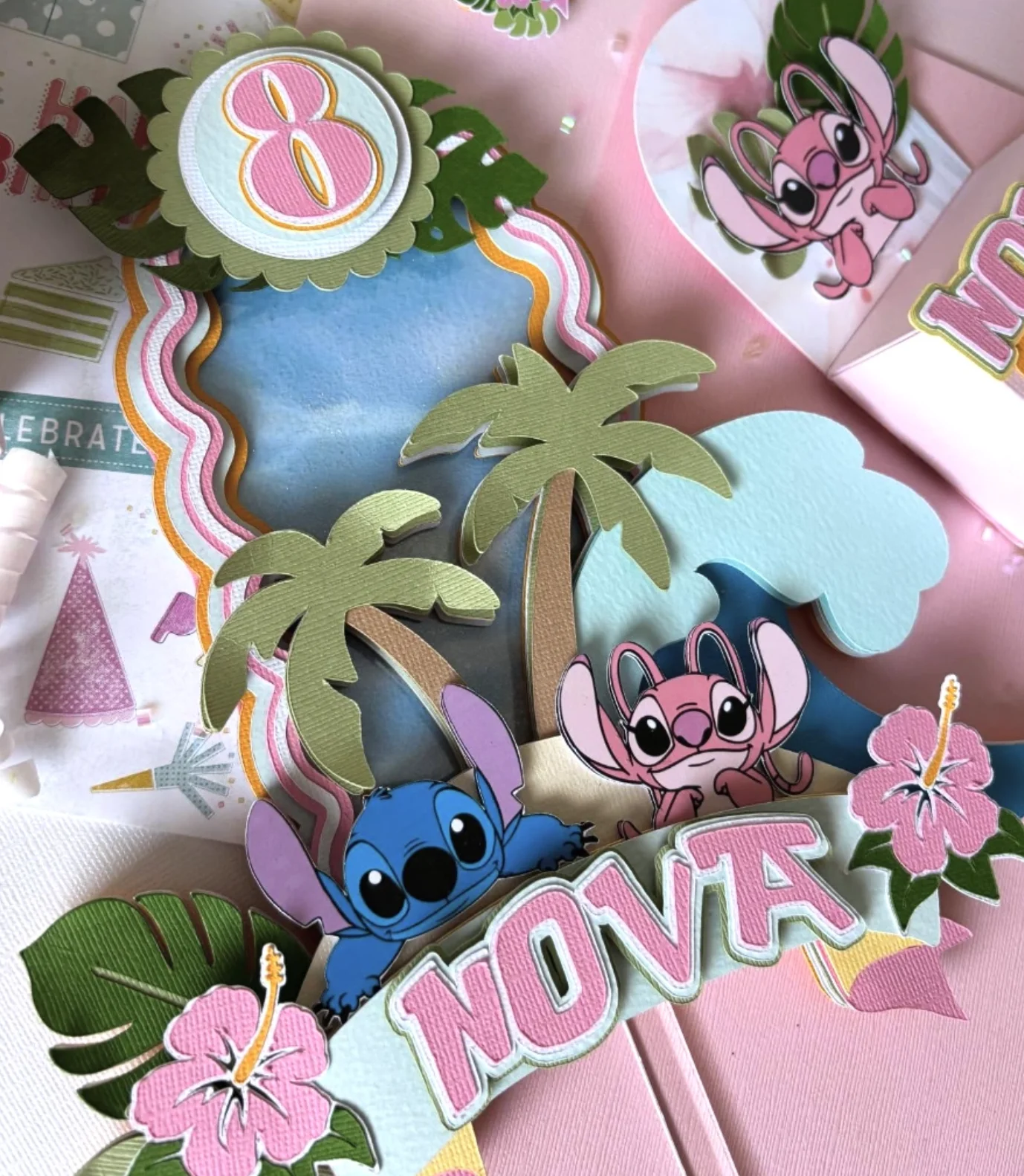 Layered Papercut Shadow Box with Kissing Couple Under Palm Trees
