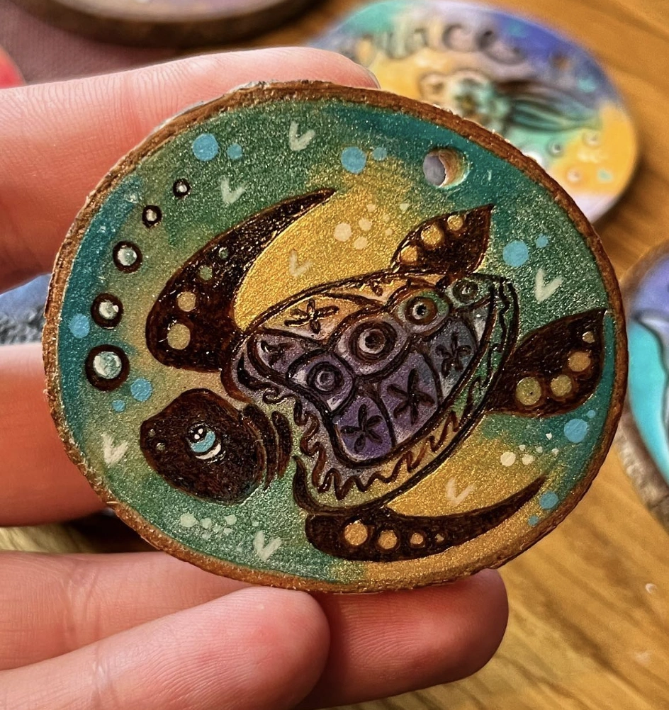 Hand-Painted Turtle on Wood Slice Ornament