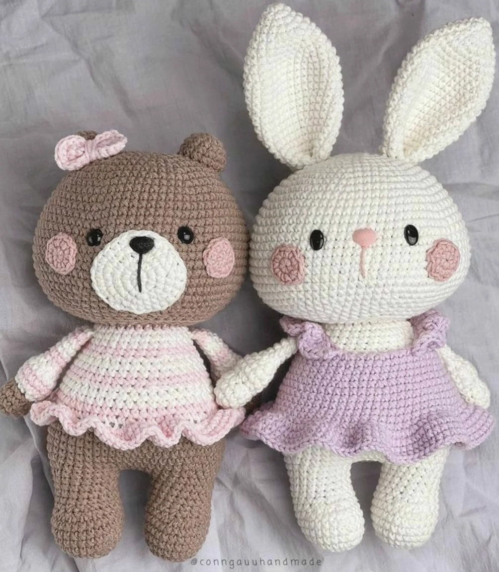 Crocheted Bear and Bunny Besties in Pastel Dresses