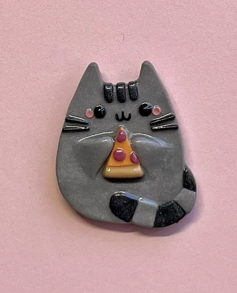 Pusheen-Inspired Gray Cat Eating Pizza: Handmade Air Dry Clay Magnet