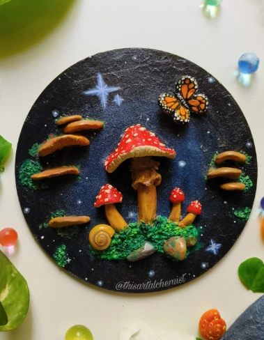 Whimsical Mushroom Galaxy Clay Art