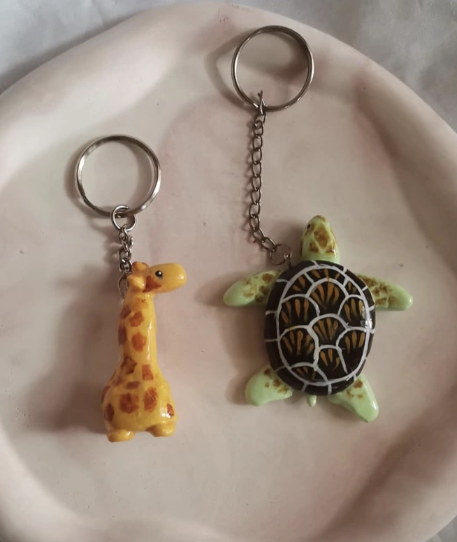 Handmade Clay Keychain Set: Giraffe & Sea Turtle
