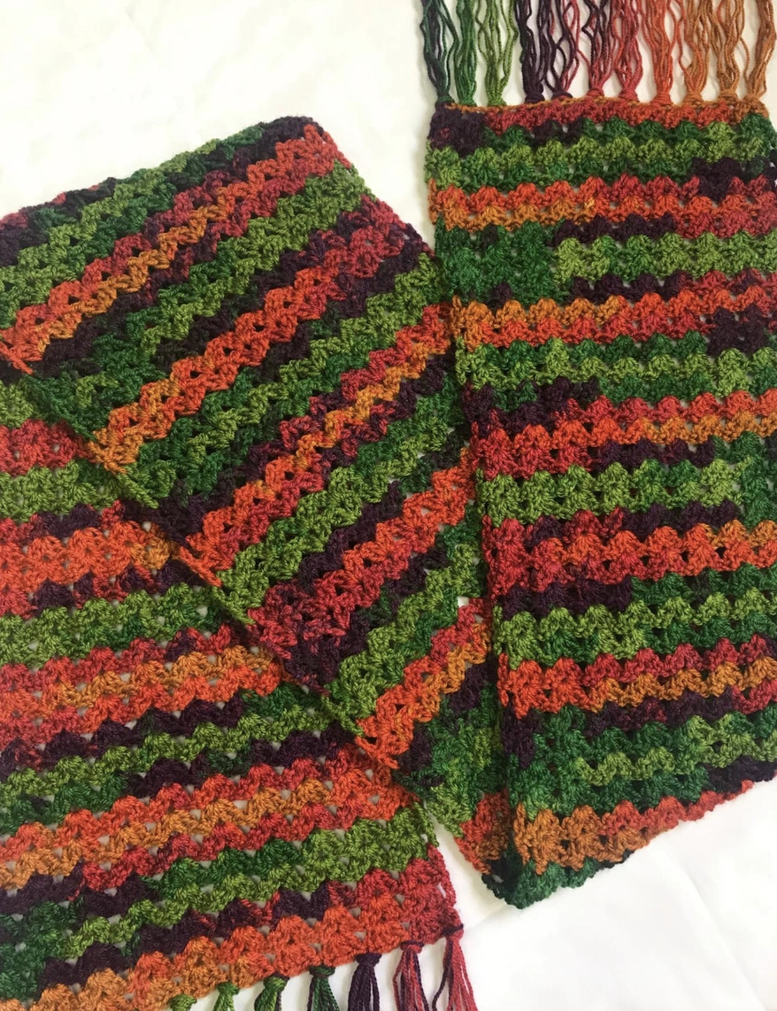 Autumnal Striped Chunky Crochet Scarf with Tassels