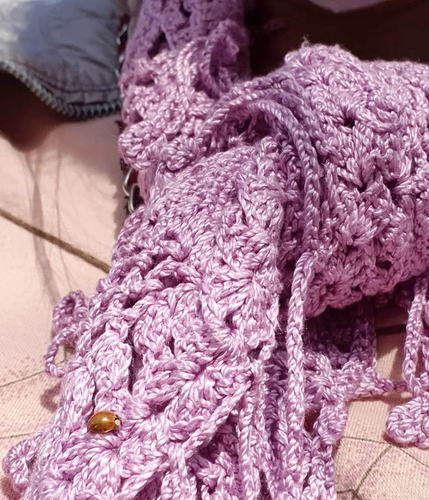 Lilac Open-Weave Crochet Scarf with Fringe