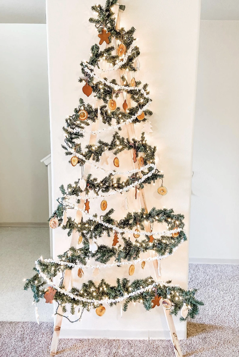 DIY Ladder Wall Christmas Tree with Dried Citrus Garland