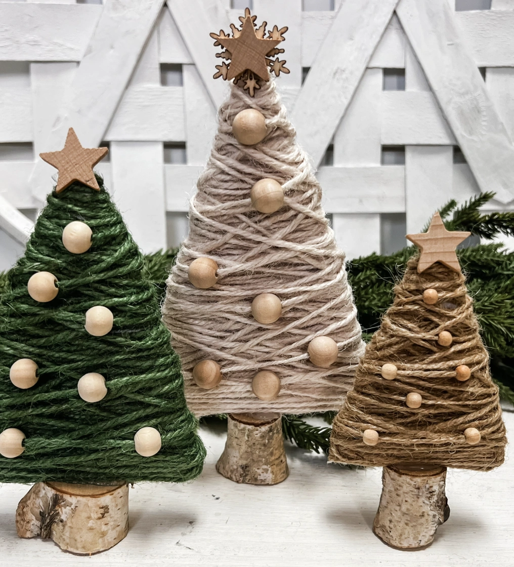 DIY Yarn-Wrapped Christmas Tree Trio with Wooden Accents