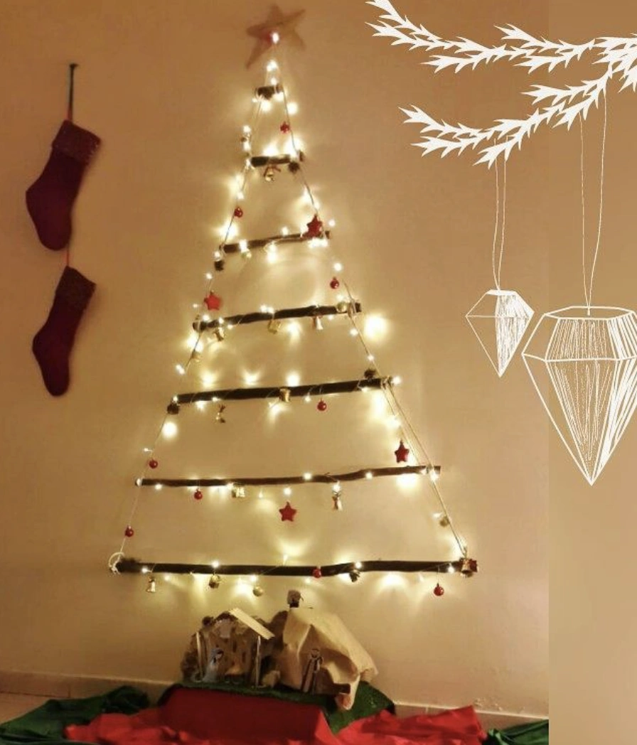 Wall-Mounted Fir Bough Christmas Tree with Pinecones and Stars