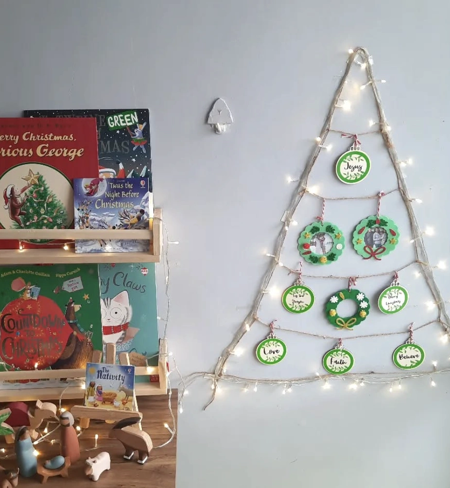 Tiered Green Wooden DIY Christmas Tree with Ornaments and Bell Accents