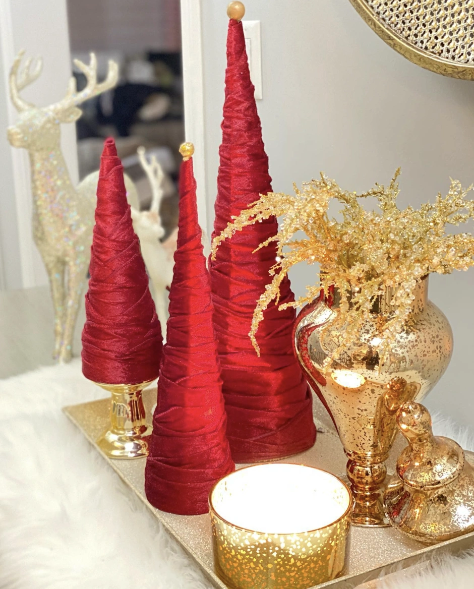 Red Velvet Cone Trees with Golden Accents