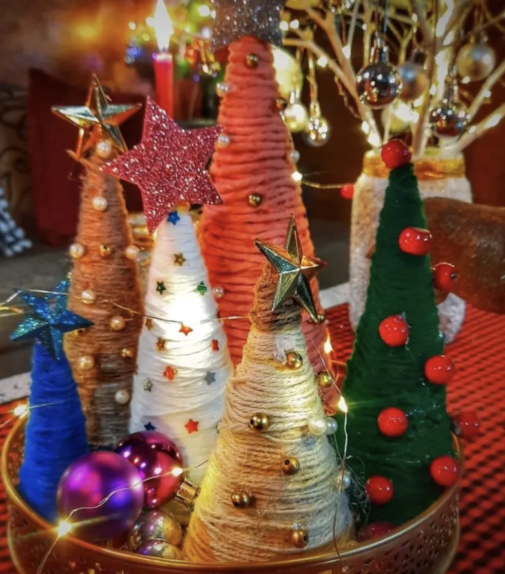 Crocheted Christmas Tree Wall Hanging with Button and Ornament Details