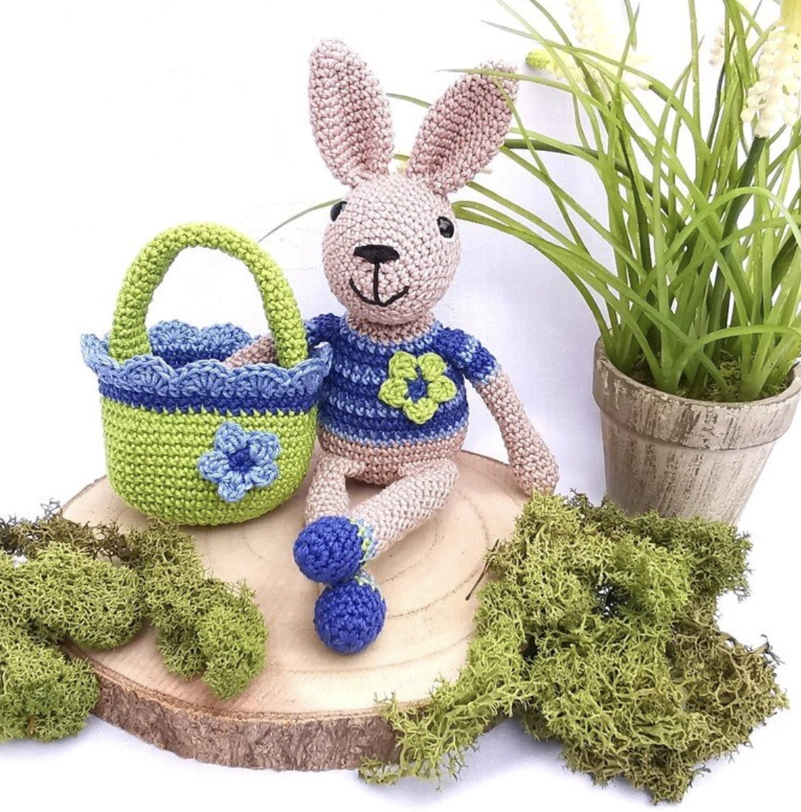 Crochet Bunny with Striped Shirt and Matching Flower Basket