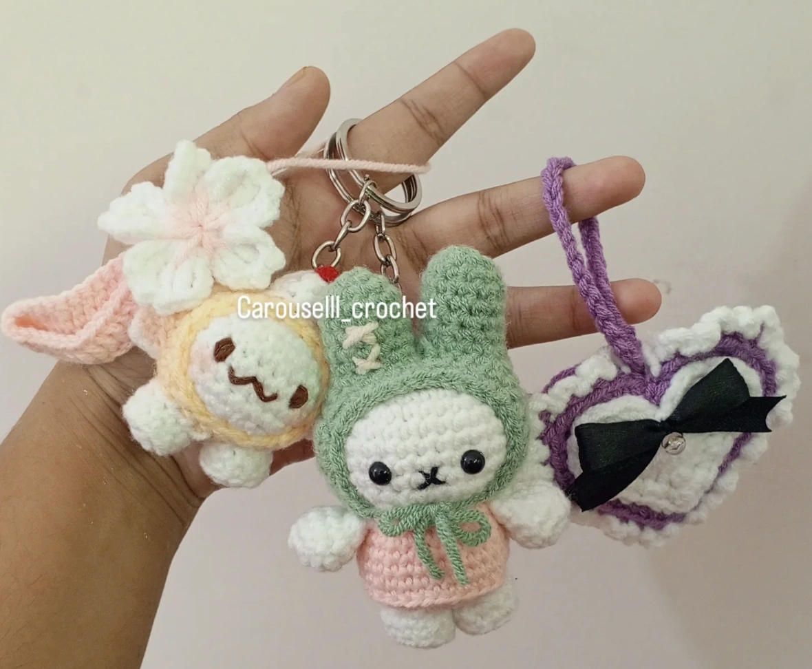 Crocheted Keychain Charms: Bunny, Flower Critter, and Heart