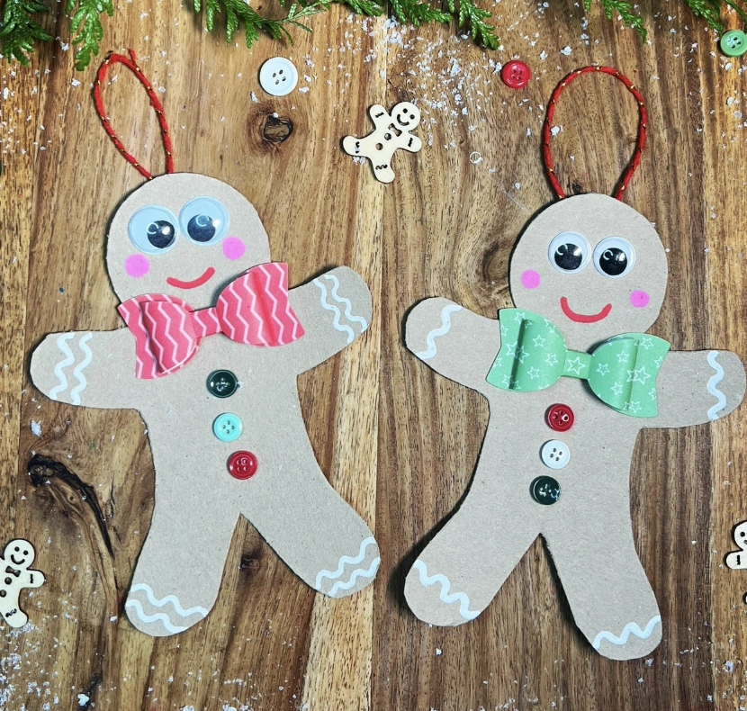 Adorable Handprint Santa Ornaments on Striped Tablecloth
