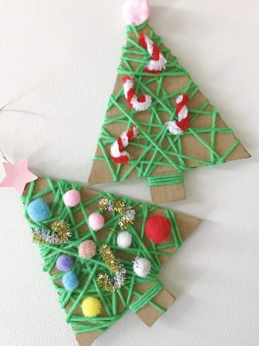Yarn Wrapped Cardboard Christmas Tree Ornaments