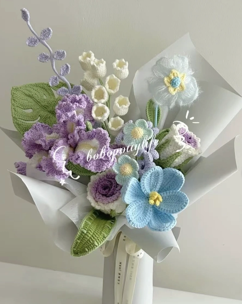 Bouquet of Handmade Crochet Tulips and Daisies in Sky Blue Wrapping