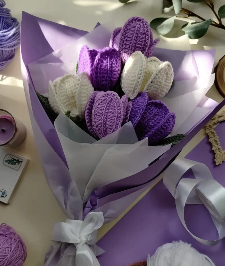 Purple & White Crochet Tulip Bouquet – Handmade Goodness.