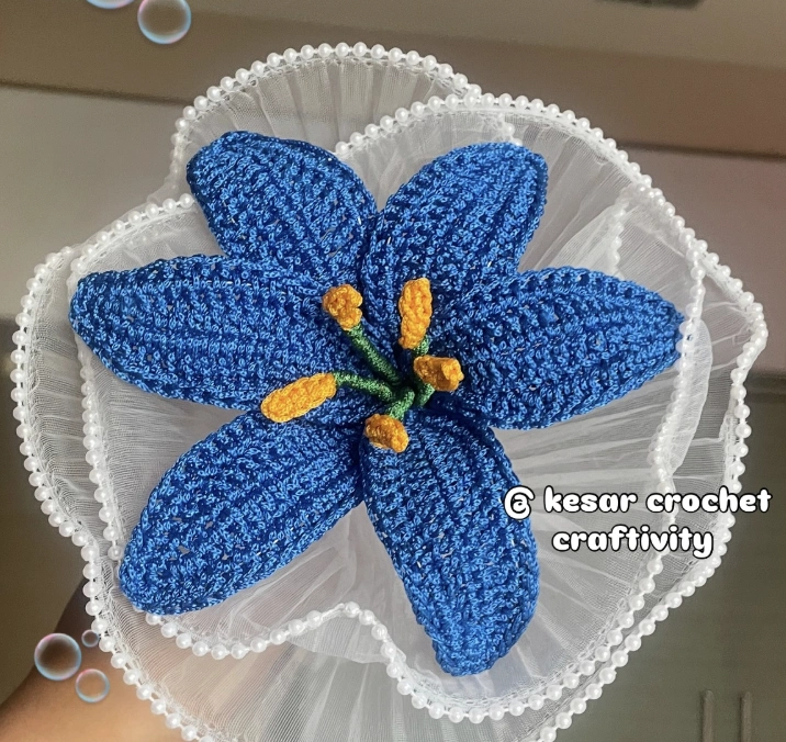 Blue Crochet Flower Hair Clip with Pearl Accents