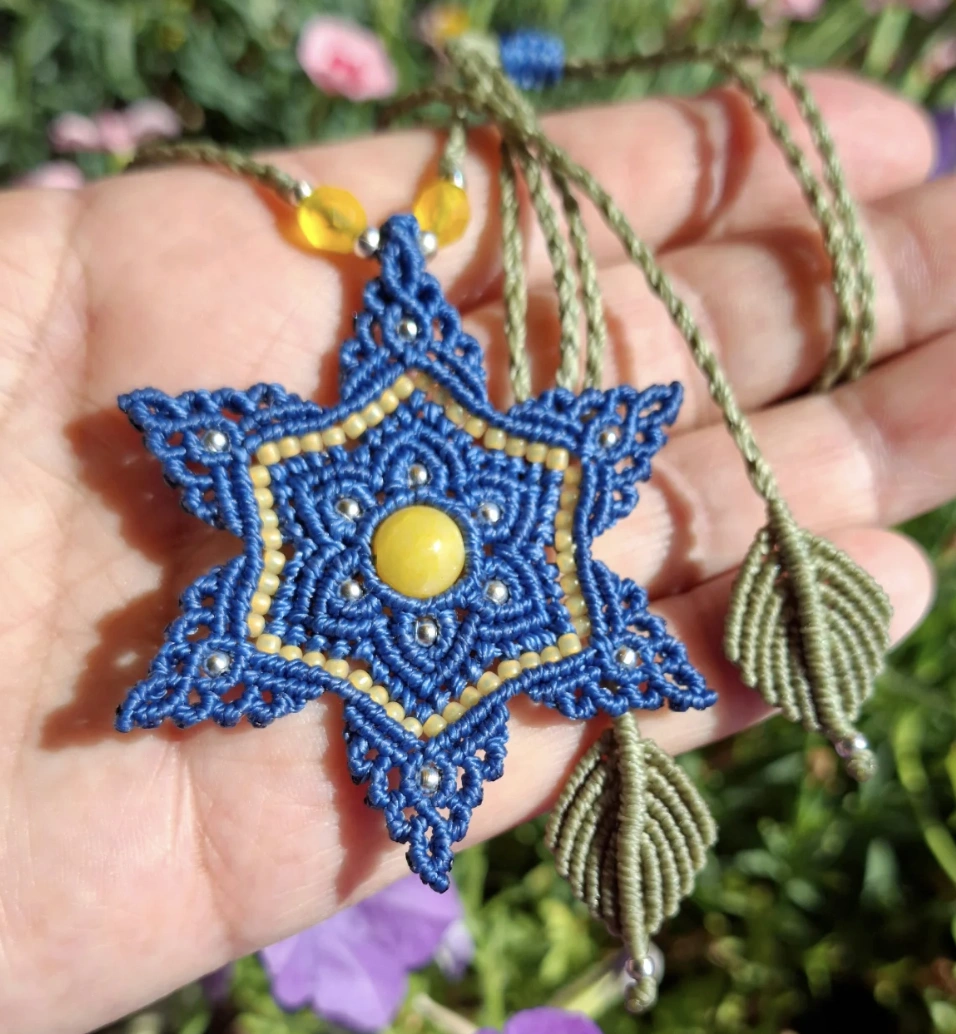 Celestial Blue and Gold Beaded Starburst Macrame Necklace