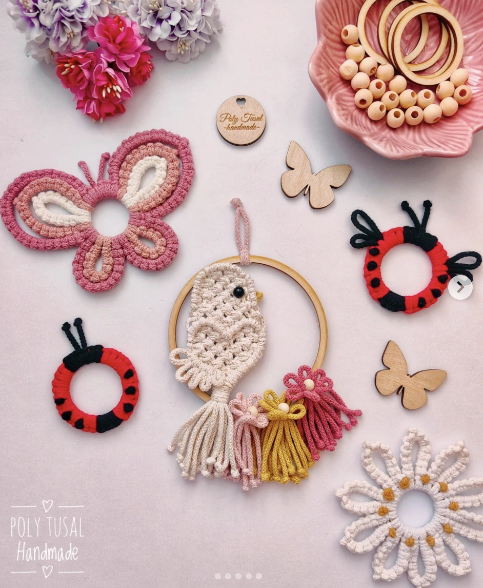 Assorted Macrame Charms: Butterfly, Bird, Ladybug and Daisy