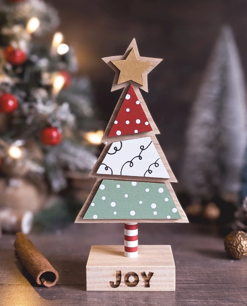 Tiered Wooden Christmas Tree with Gold Star and JOY Base