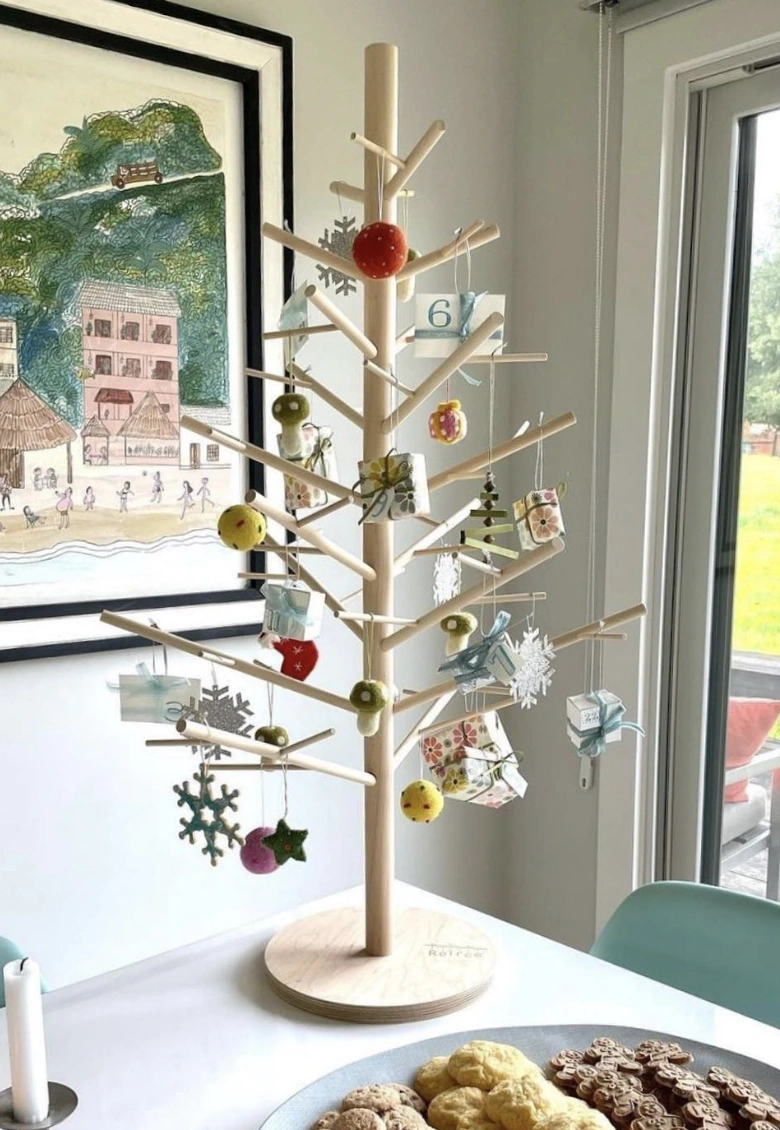 Minimalist Wooden Christmas Tree with DIY Advent Calendar Ornaments