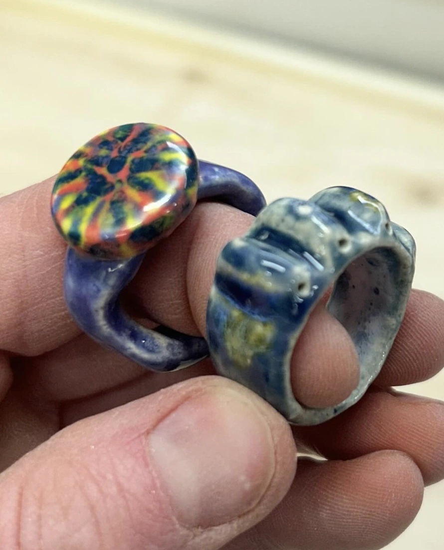 Chunky White Ring with Blue Mosaic Design