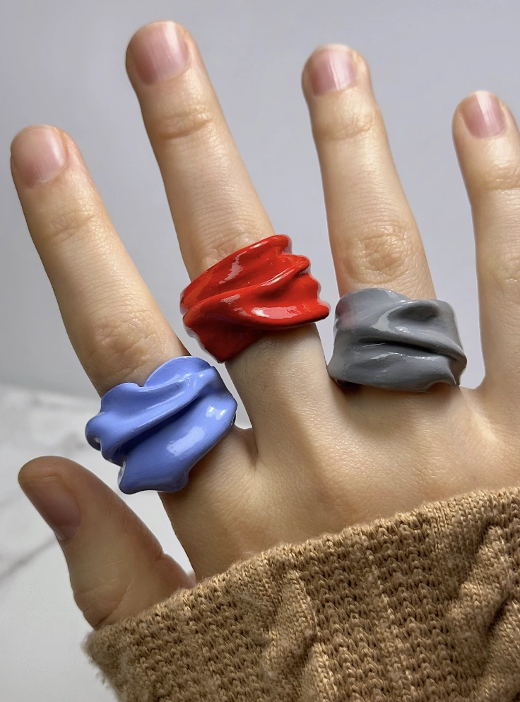Chunky Clay Rings in Blue, Red, and Grey