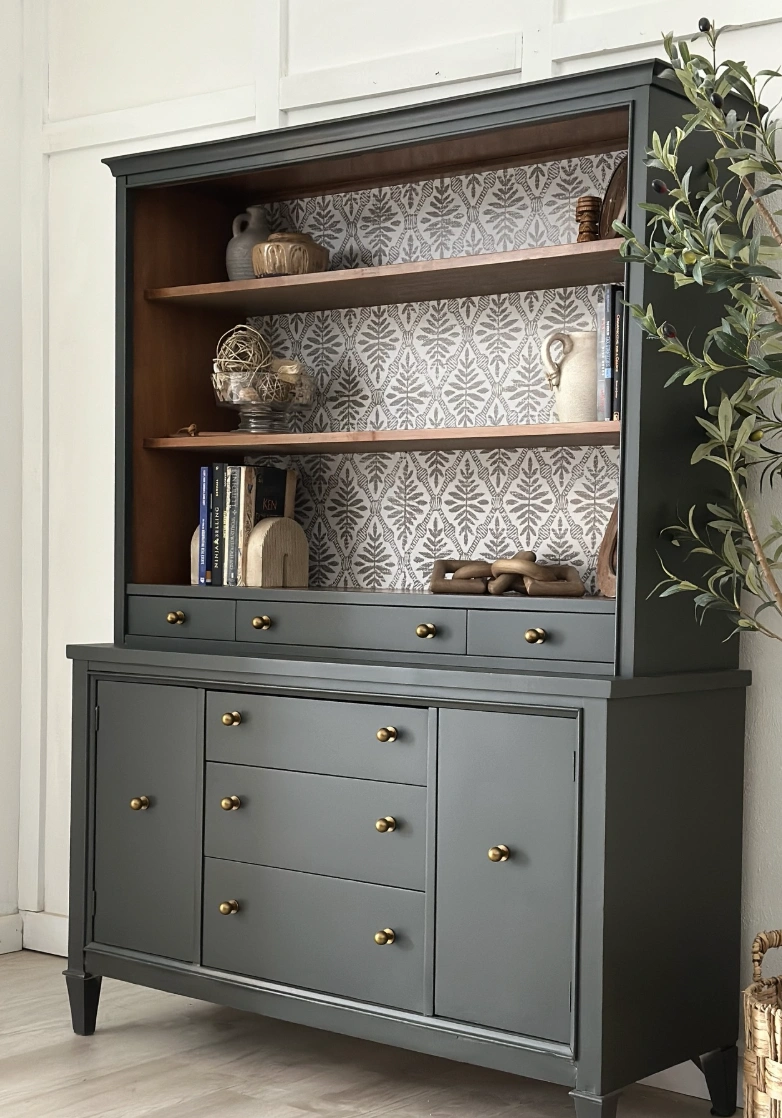 Two-Piece Gray Hutch with Patterned Backing