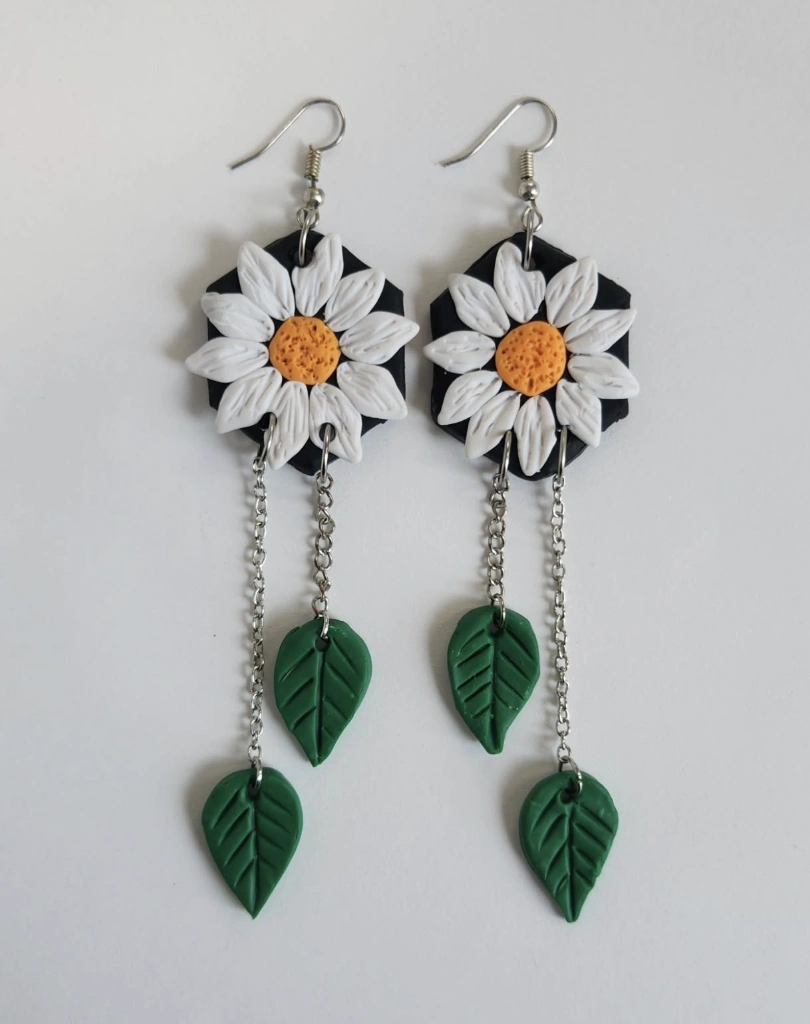 Daisy Delight: Polymer Clay Earrings with Dangling Leaves