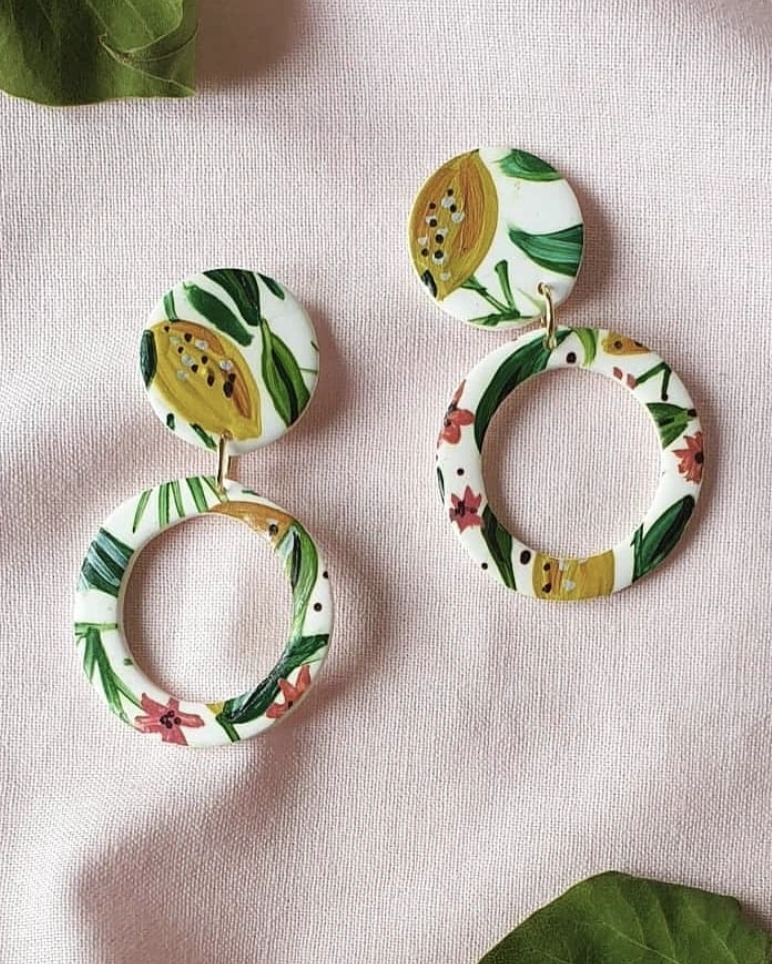 Funky Orange Disc & White Flower Polymer Clay Earrings