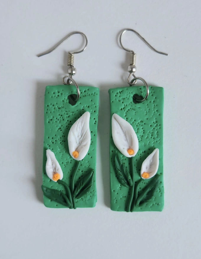Textured Green Clay Earrings with Lily Accents