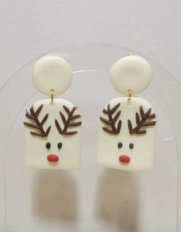 Unique Clay Earrings: Beige Hoops with Brown and Orange Flowers