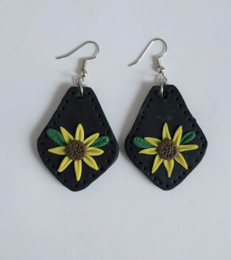 Diamond Black Clay Earrings with 3D Sunflower Detail
