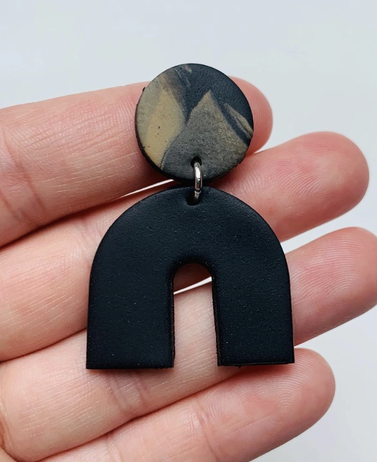 Minimalist Black Arch with Neutral Swirl Fimo Earrings