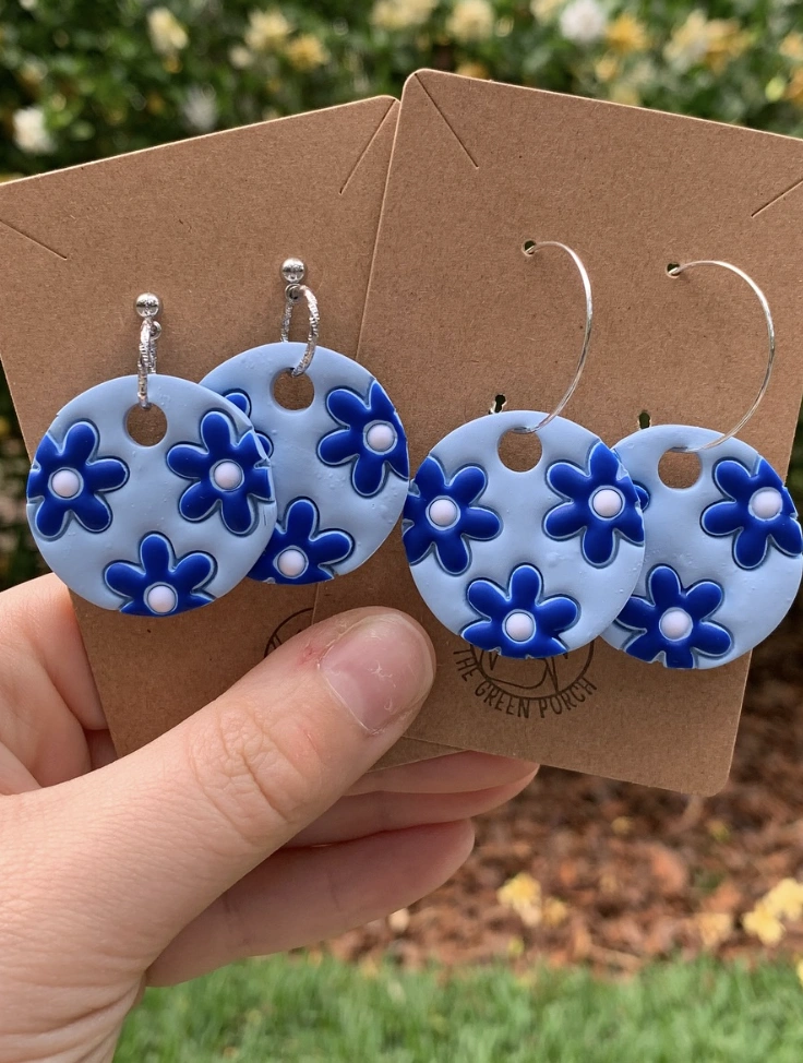 Powder Blue Clay Earrings with Retro Floral Pattern