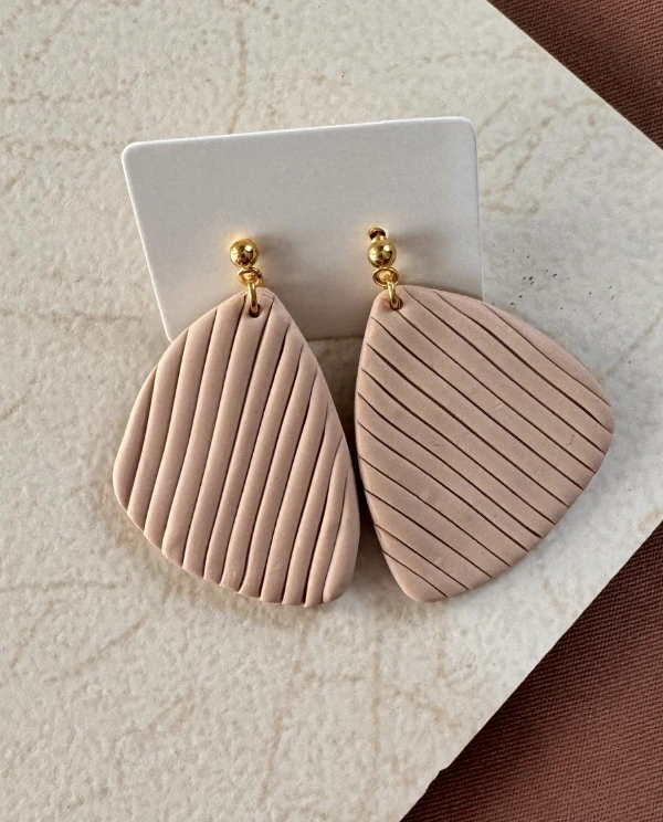Nude Angled Drop Earrings with Grooved Texture