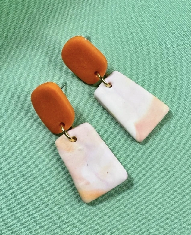Geometric Sage and White Polymer Clay Earrings
